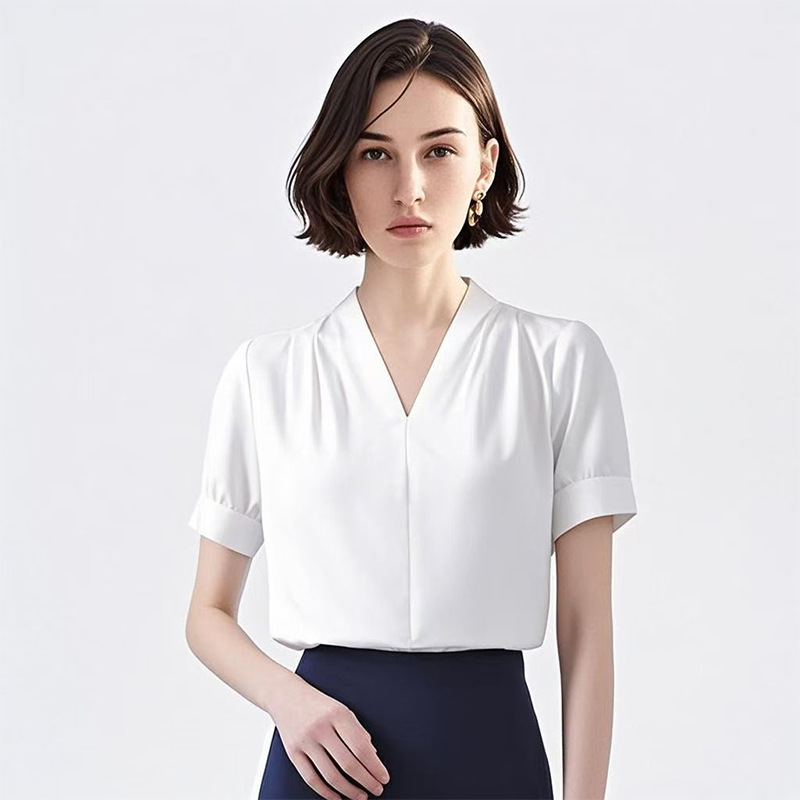 여름 여성용 화이트 쉬폰 브이넥 반팔 셔츠, 고급스럽고 전문적인 기질, 통근 드레이프, 패셔너블하고 활용도가 높은 탑