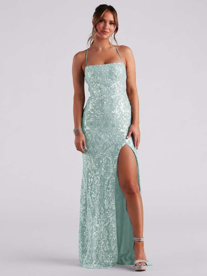 Vestido de noche largo con lentejuelas, estilo europeo y americano, sexy, con hombros descubiertos y elegante abertura lateral para fiestas (3 colores)