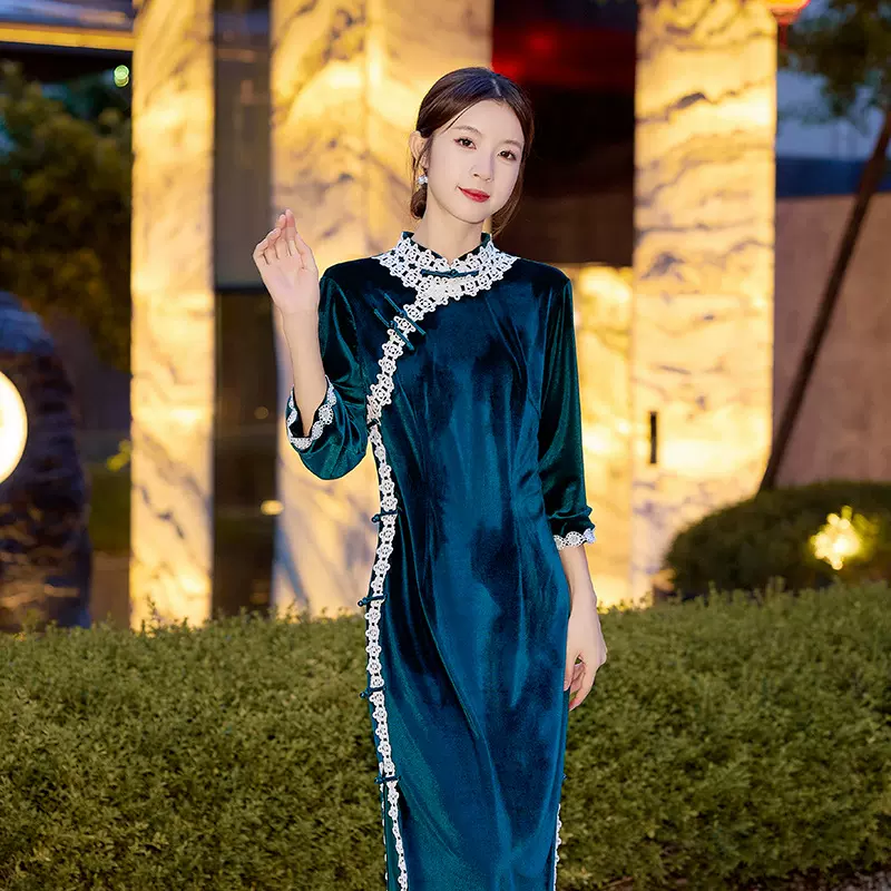 丝绒拼接蕾丝花边唐风古韵旗袍款制服表演服来图来样制服加工