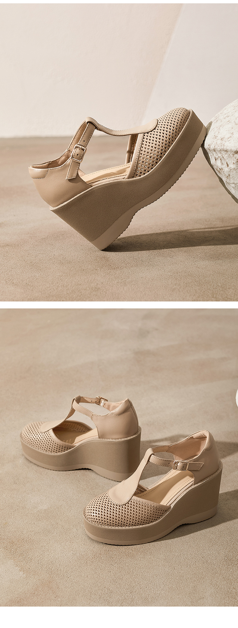 Sandal cao gót nữ đế dày 9.5 cm quai khóa chữ T phong cách tổ chim — màu trắng ngà chi tiết 11