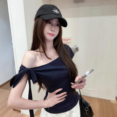 辣妹风绑带斜肩短袖T恤2025夏季新款显瘦修身气质短款学生上衣女
