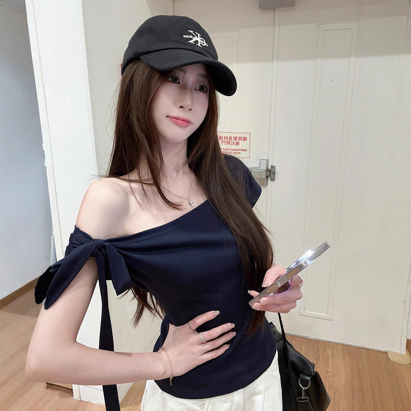 辣妹风绑带斜肩短袖T恤2025夏季新款显瘦修身气质短款学生上衣女|undefined