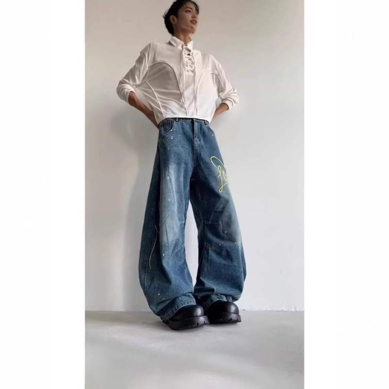 American Retro Style Trendy Brand Embroidered Letter Splatter Wide-Leg Jeans for Men, Loose Straight-Leg Cool Long Pants American Retro Style Trendy Brand Embroidered Letter Splatter Wide-Leg Jeans for Men, Loose Straight-Leg Cool Long Pants
