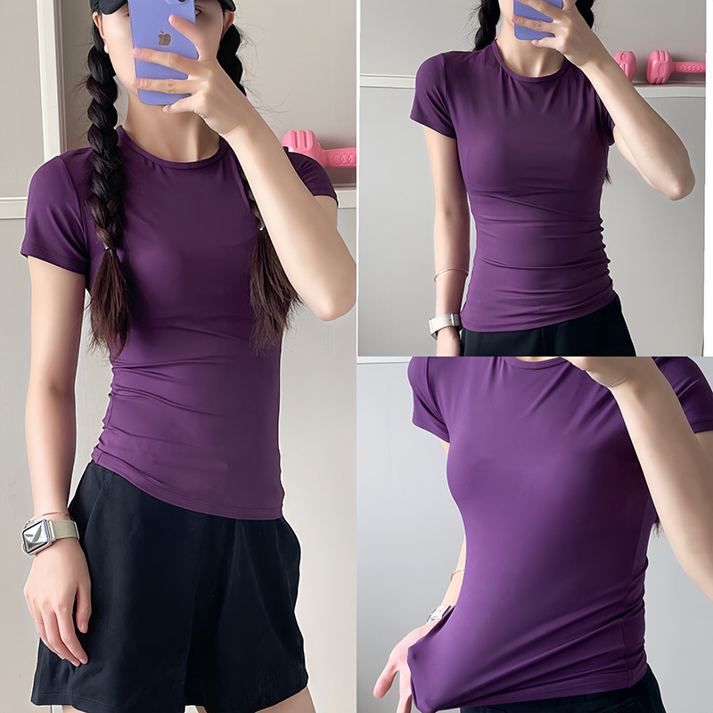 Nude Pure Color Yoga Wear Short-Sleeved Women's Slimming Look Quick-Drying Moisture-Wicking Elastic Tight T-Shirt Fitness Wear Top