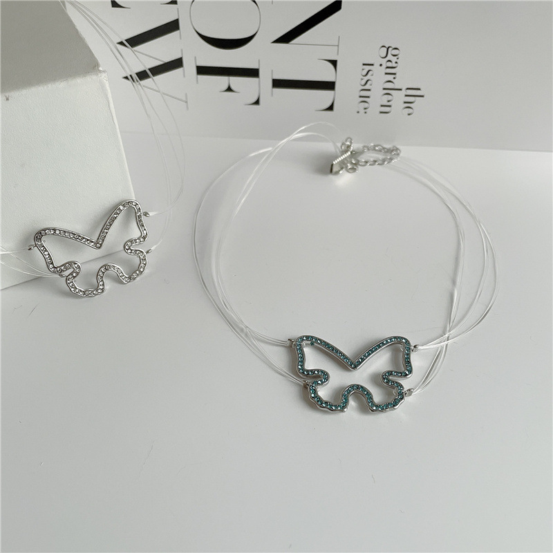 Invisible Fishing Line Full Diamond Butterfly Necklace display picture 3