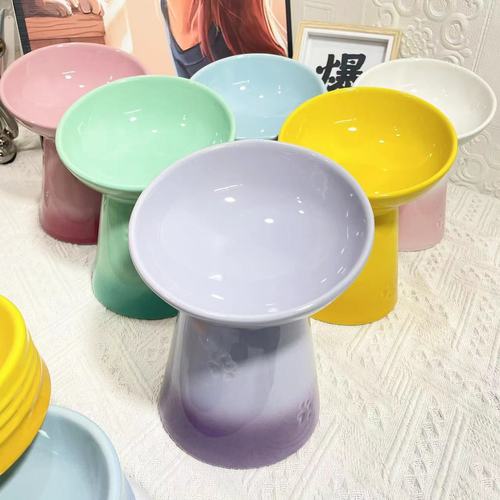 French Cool Color Ceramic Pet Bowl for Cats and Dogs, Slow Feeding Water Bowl, Non-black Chin, Pet High-foot Ceramic Tableware