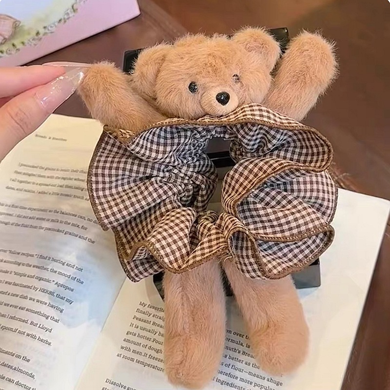 Cute and super stylish plush bear plaid scrunchie for playful bun hairstyles, hair accessory wholesale