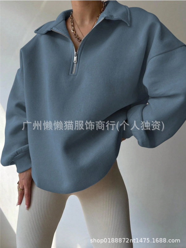 2025新款亚马逊春秋新款女式纯色宽松半拉链开襟长袖简约休闲卫衣|undefined