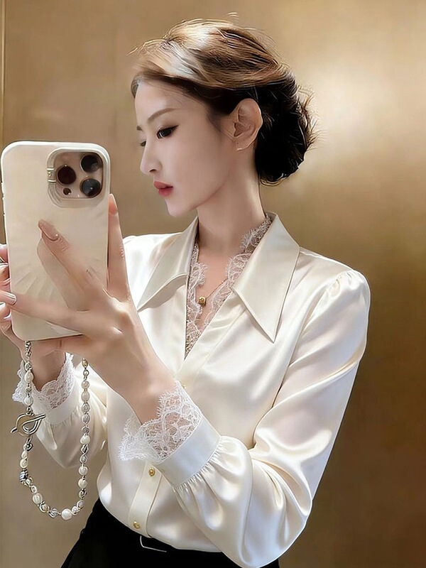 White lace collar acetate satin shirt for women, spring and autumn, petite size, turn-down collar, professional commuting long-sleeve top