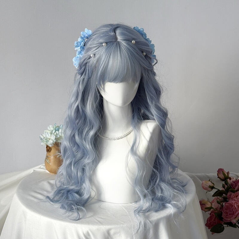 【Sea Mirror Mermaid】Wig for Women, Misty Blue-Gray Wool Curly Long Hair, Lolita Style with Full Bangs, Big Waves, Full Head Wig 【Sea Mirror Mermaid】Wig for Women, Misty Blue-Gray Wool Curly Long Hair, Lolita Style with Full Bangs, Big Waves, Full Head Wig