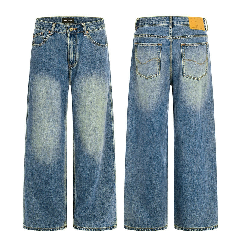 Tuochuan Ck5539 American Retro Street Style Washed and Distressed Loose Straight-Leg Denim Pants for Commuting, Unisex Wide-Leg Pants