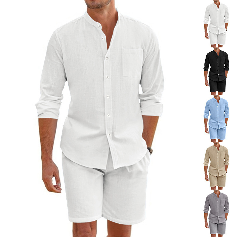 Men's Clothing Men's Summer Linen Button Shirt Long Sleeved Casual Loose Beach Suit Shorts Cardigan For Formal & Casual_viptrois.com