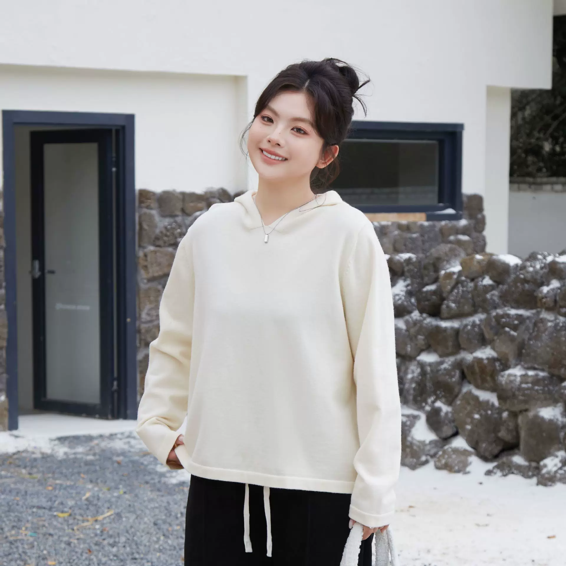 秋冬学院风纯色连帽针织衫长袖宽松舒适为外穿内搭 3973