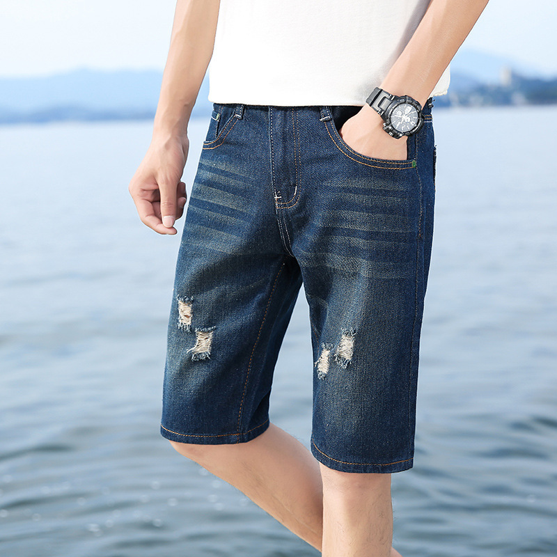 Foreign trade explosions hole Denim shorts men's summer retro loose straight pants stall plus size pants wholesale