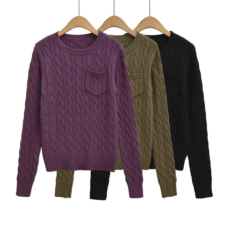 Korean-Style Lazy Chic Versatile Purple Round-Neck Slim-Fit Cable Knit Sweater for Petite Women, Long-Sleeve Pullover Sweater for Women Korean-Style Lazy Chic Versatile Purple Round-Neck Slim-Fit Cable Knit Sweater for Petite Women, Long-Sleeve Pullover Sweater for Women
