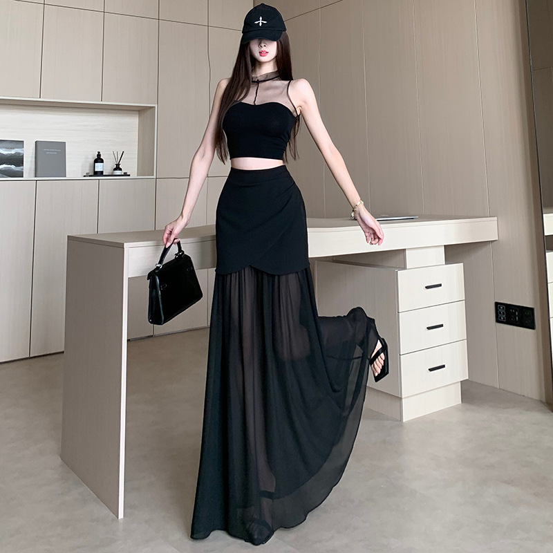New Fashionable and High-End Chiffon Splicing Black Elegant and Sexy Skirt Niche High-Waisted Slimming Long Skirt