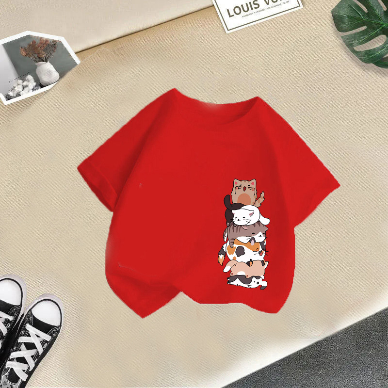 Rojo un montón de gato mangas cortas