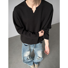 秋装新款现货亨利领坑条肌理感V领秋季男士T恤男宽松长袖潮牌上衣