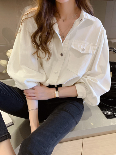 White shirt women's 2024 spring new fashion design niche top loose long-sleeved denim shirt