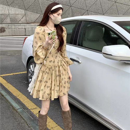 Gentle style French long-sleeved dress, women's clothes, spring and autumn 2024 new style, waist waist to show slimming, short net red princess dress