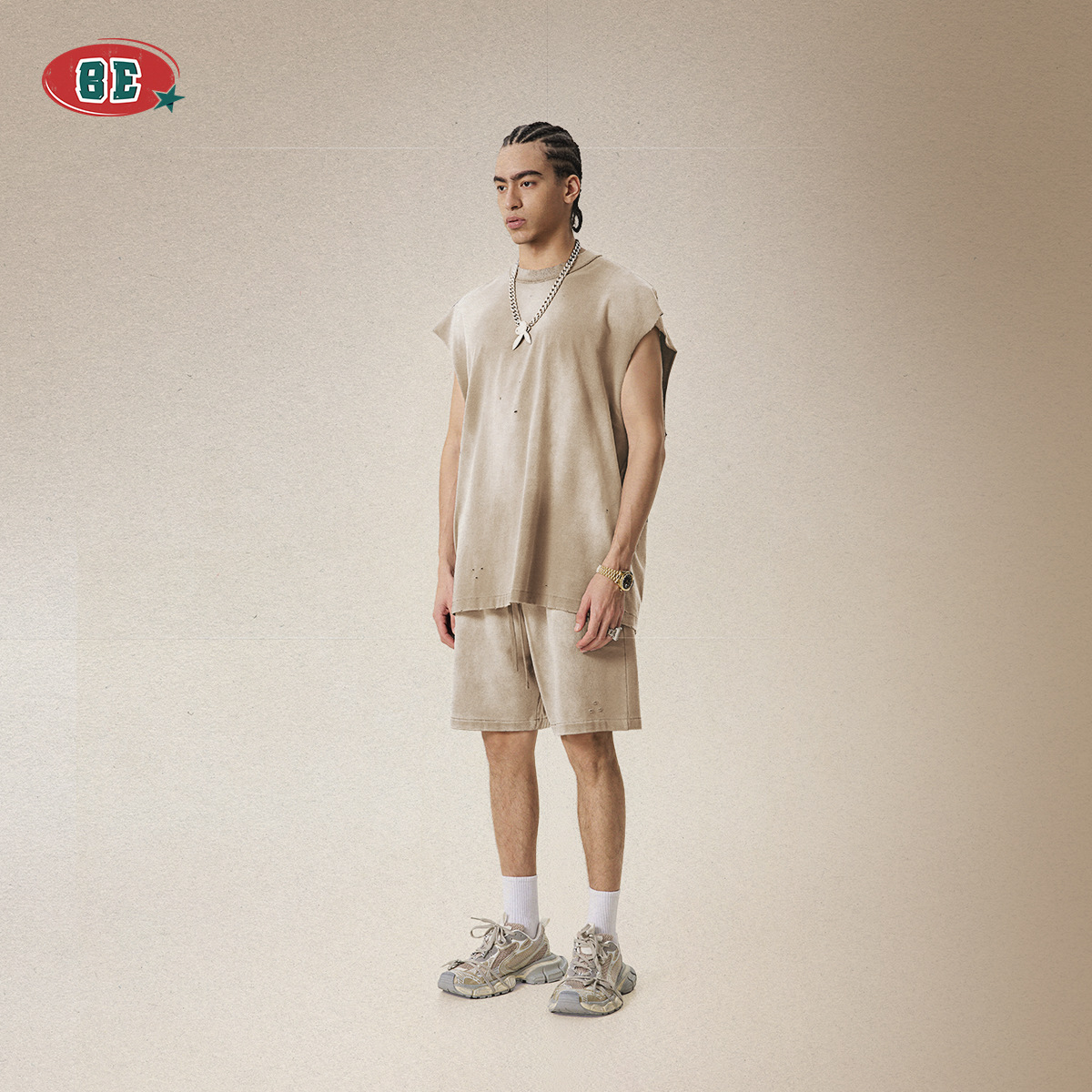 BE Men's Wear | 2025 Summer American Trendy Brand Vintage Chaleco cortado Camiseta deportiva sin mangas para hombre