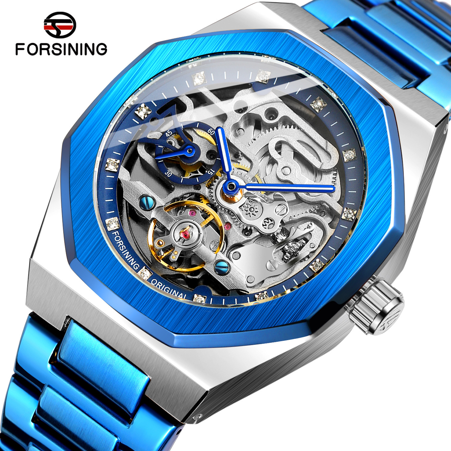 Forsining/fusini hombres casual reloj hueco volante automático reloj mecánico rhinestone hombres