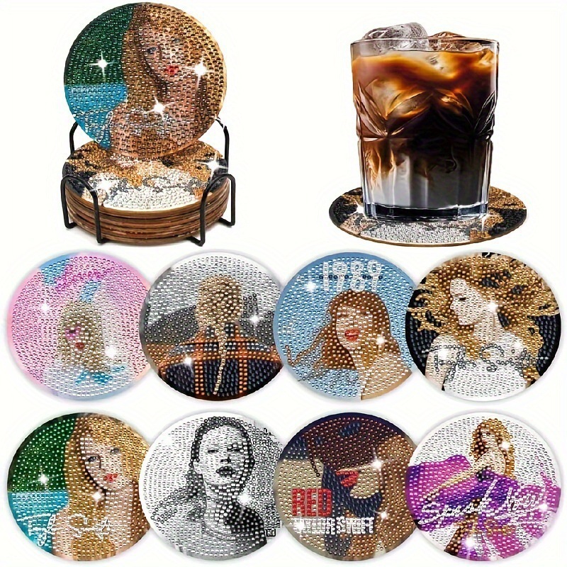 Ventas transfronterizas calientes de 8 piezas de conjunto de cojín de taza de arte de diamante, con soporte, pequeño conjunto de pintura de diamante, adecuado para adultos