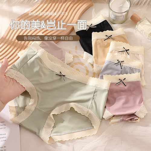 Ice silk underwear women's mid-waist bow breathable sexy jacquard girl Japanese graphene briefs pantyhose