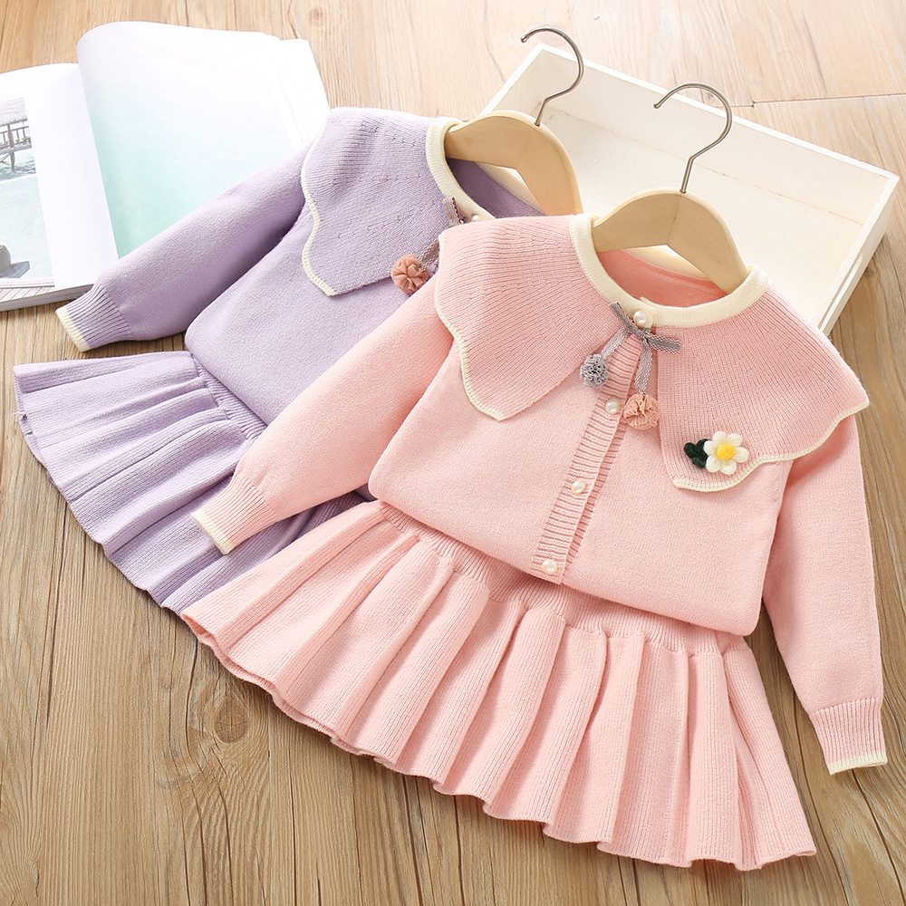 Κοριτσίστικο Πουλόβερ 2023 Φθινόπωρο Νέο Μοντέρνο Κορεάτικο Μονόχρωμο Πλεκτό Φούστα με Μεγάλο Γιακά, Σετ Δύο Τεμαχίων_voghion.com