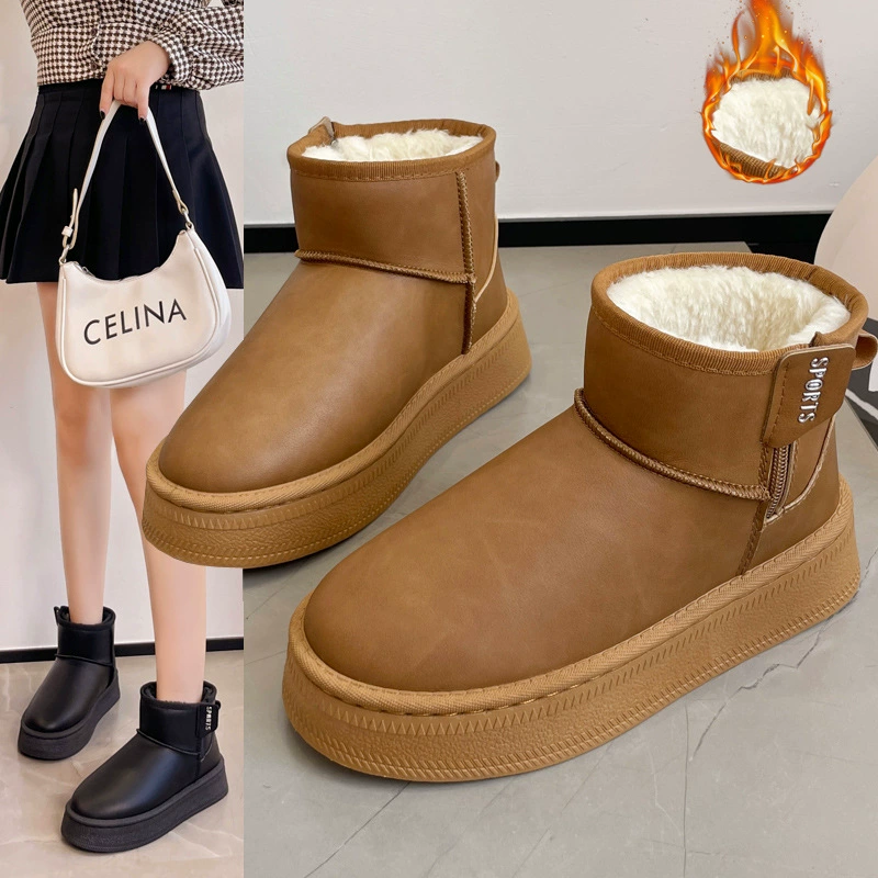 Женские зимние сапоги 2025 года, новая модель, с плюшевой подкладкой, утепленные, на толстой подошве, короткие кожаные и меховые комбинированные сапоги.