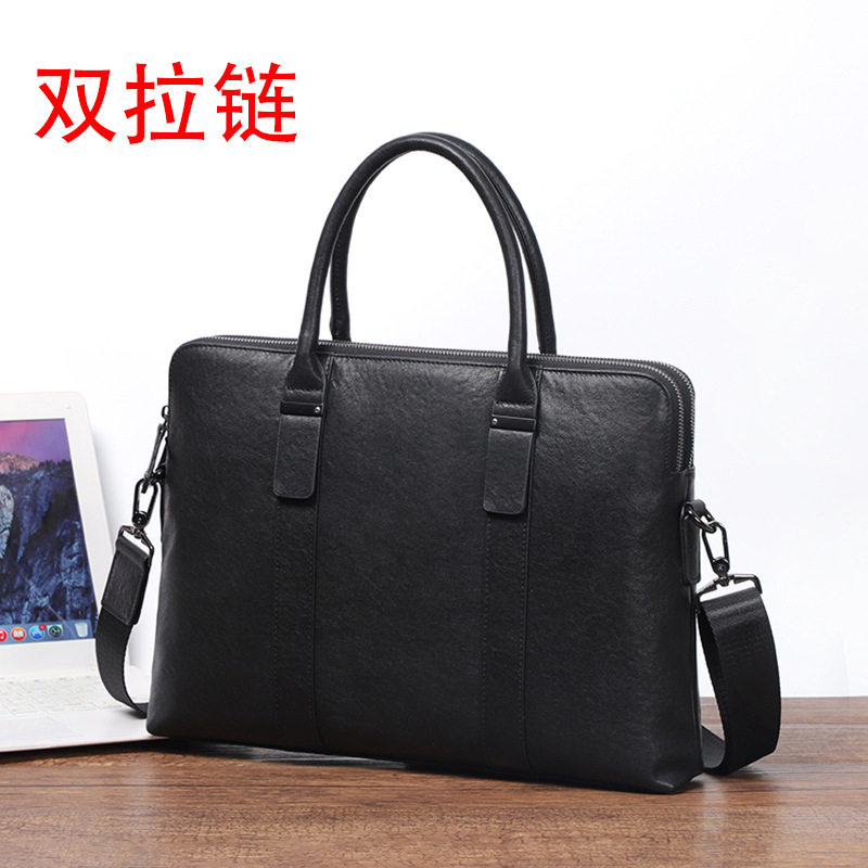 Túi xách tay nam công sở da bò thật hai ngăn khóa kéo, cặp mỏng đeo chéo một vai 39×7×29 cm — Màu đen