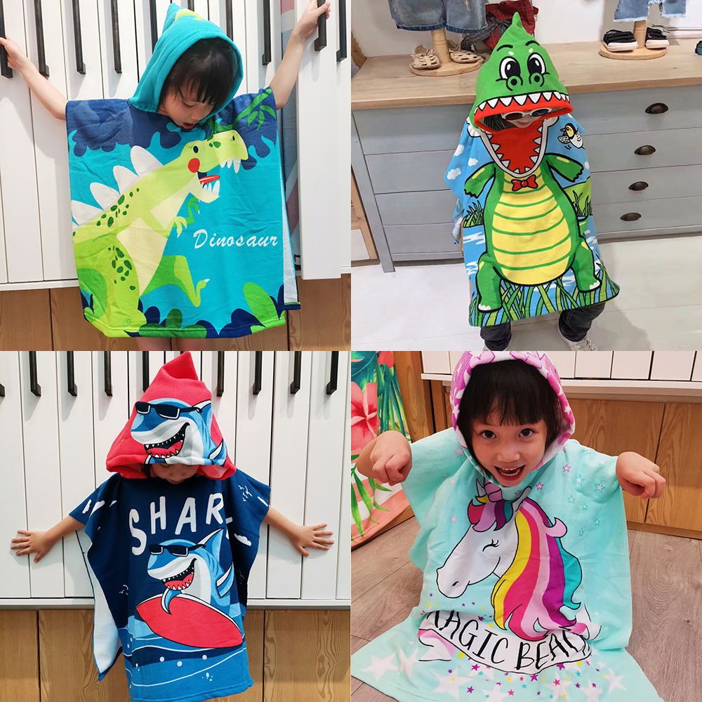 Children's Bath Towel Cloak Hooded Bathrobe Cartoon Print, Wearable Bath Towel