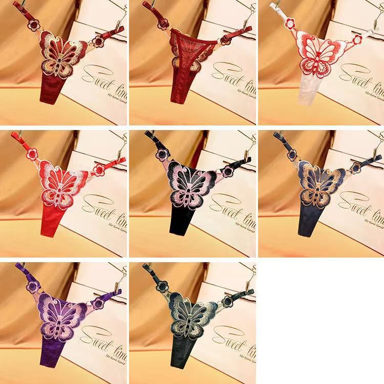 Cross-border erotic lingerie with butterfly elements, sexy and hot see-through adjustable embroidered thong