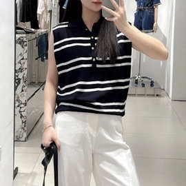 2025夏季新品女装撞色条纹棉纱宽肩轻薄立裁针织衫上衣MBE2SWT026