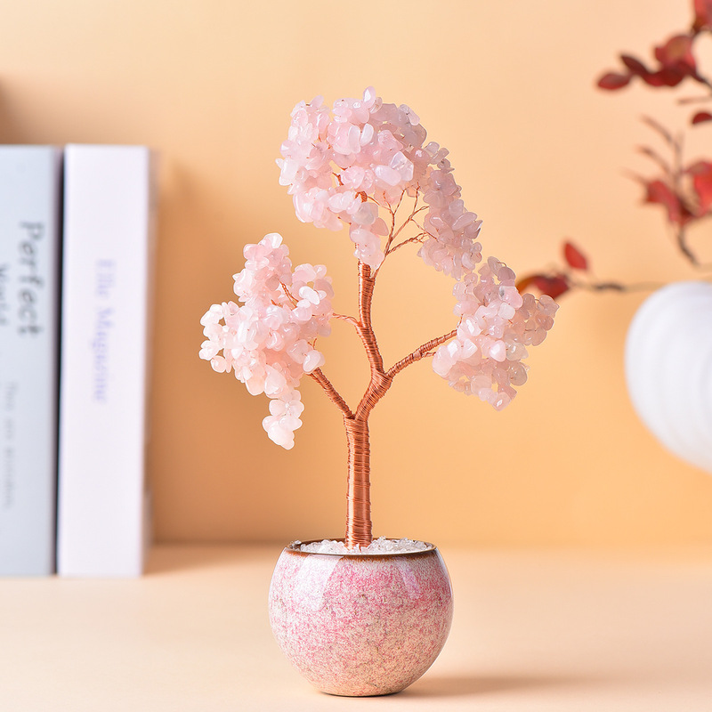 天然水晶カラフルな砂利金のなる木手織り桃の花を願い金のなる木ホームオフィス装飾|undefined