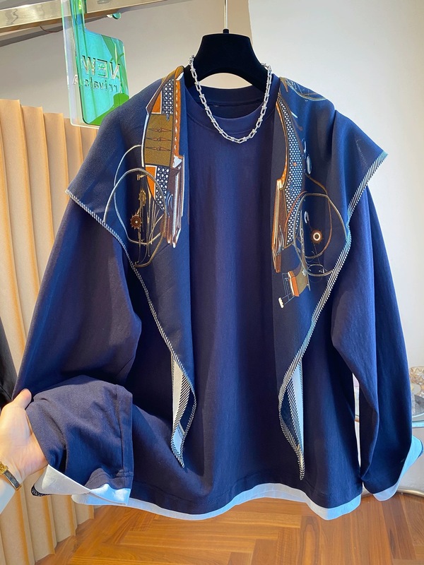 高端欧货复古丝巾披肩纯棉tT恤女长袖25新款宽松独特假两件上衣装|undefined