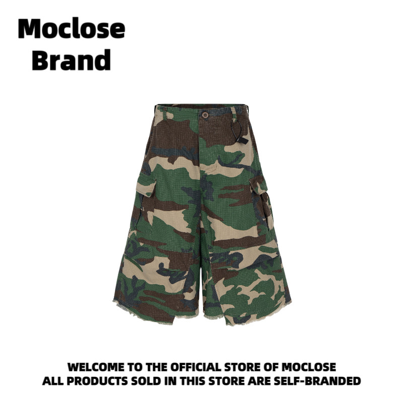 Moclose アメリカンストリート 春夏 カジュアル 迷彩 ダメージ加工 ローエッジシルエット メンズ レディース ゆったり ワークウェア クロップドショーツ|undefined