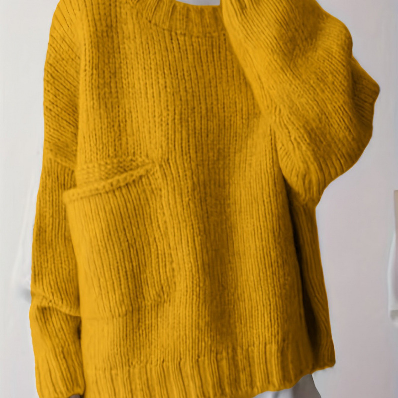 Plus Size Solid Pocket Crew Neck Sweater Casual Long Sle跨境|undefined