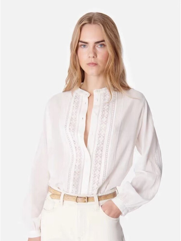 French Top 2025 Spring and Summer New Lace Splicing Shirt Elegant Round Neck Loose Cotton Top