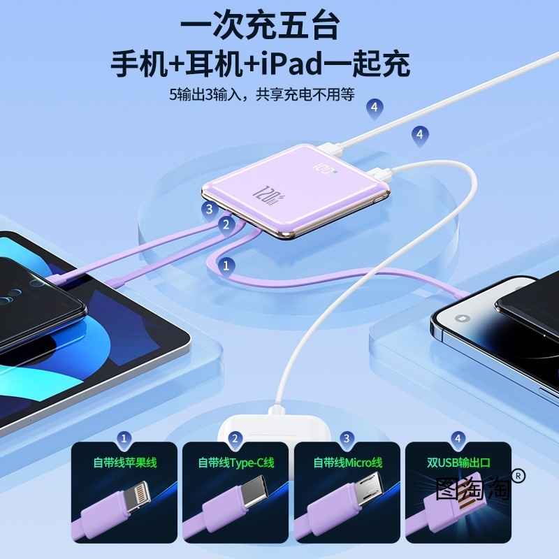 3C认证充电宝可上飞机超薄迷你自带线快充移动电源120W快充|undefined