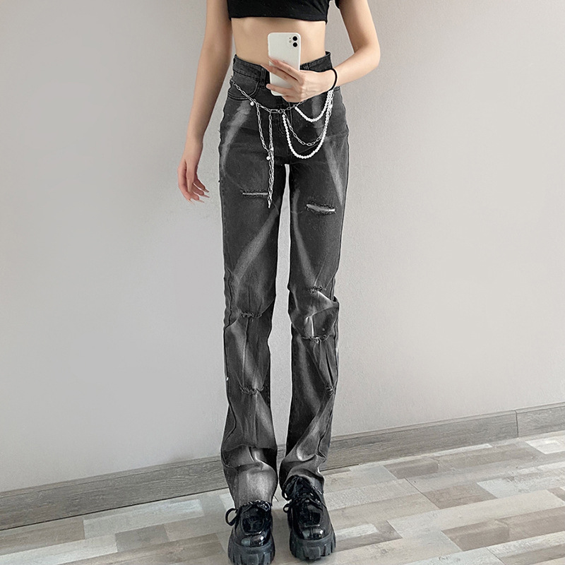 European and American wind 2021 spring and summer autumn women's high waist thin print straight hole casual street wind jeans