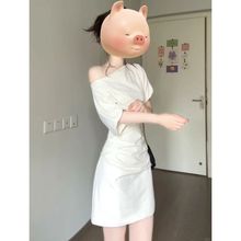 气质纯欲性感斜肩两穿连衣裙女装褶皱收腰修身2025新款包臀短裙子