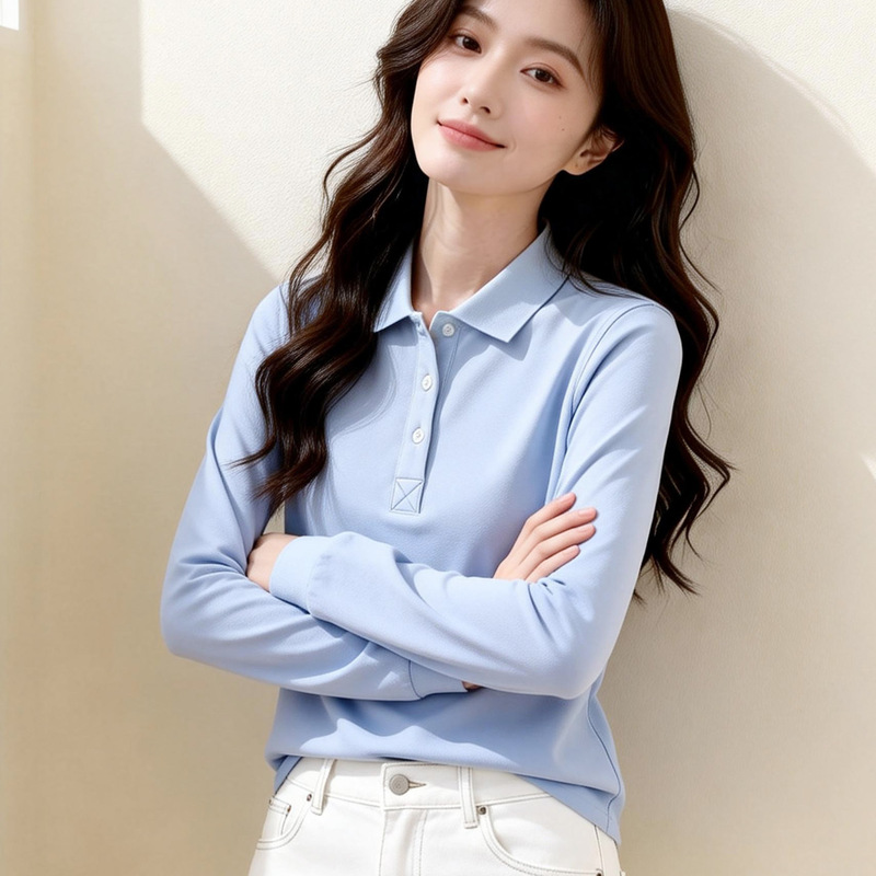 New Spring and Autumn Solid Color Long-Sleeved Polo Shirt Workwear T-Shirt for Women with Team Logo Embroidery