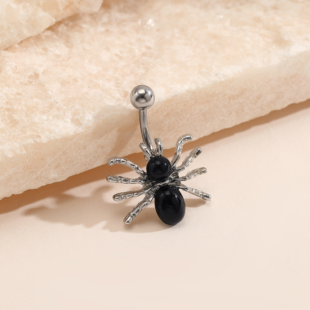Europeo y americano transfronterizo popular exagerada joyería de punción en forma de araña con incrustaciones de acero inoxidable gema negra ombligo clavo ombligo anillo femenino