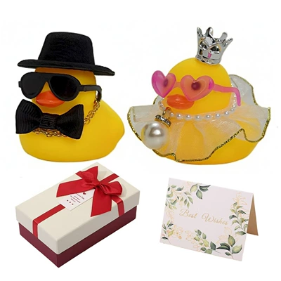 Wedding Little Yellow Duck Car: Car ornaments - small-bow-tie-gold-edge-skirt-wedding-duck-beige-gift-box