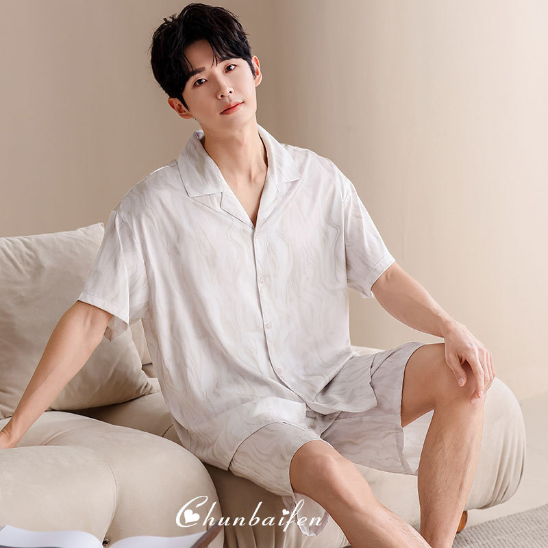 2025 New Men's Ice Silk Pajamas Summer Short-sleeved Shorts Cool Silk Home Clothes Outwear Cardigan suit