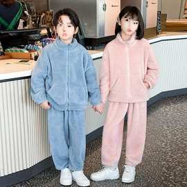 儿童秋冬家居服套装珊瑚绒加绒加厚男童女童百搭外穿高领两件套