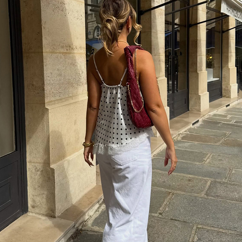 2026 primavera y verano nuevo cordón de punto de onda chaleco de cuello en V de la mujer transfronteriza francesa irregular cuello bajo camisa sin mangas
