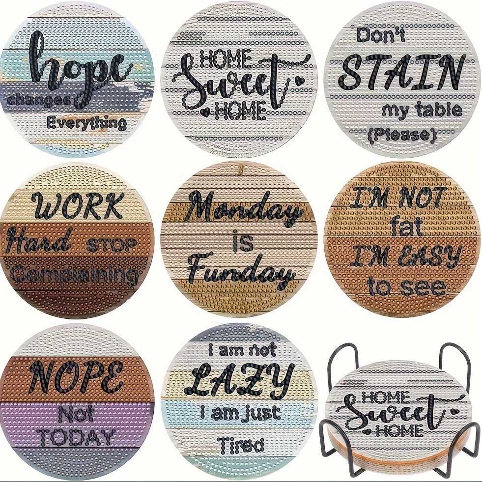 Diamante de dibujos animados almohadillas de taza letras rojas textura de madera hecha a mano puntos de perforación aislamiento térmico antideslizante diamante juguetes de pegatinas