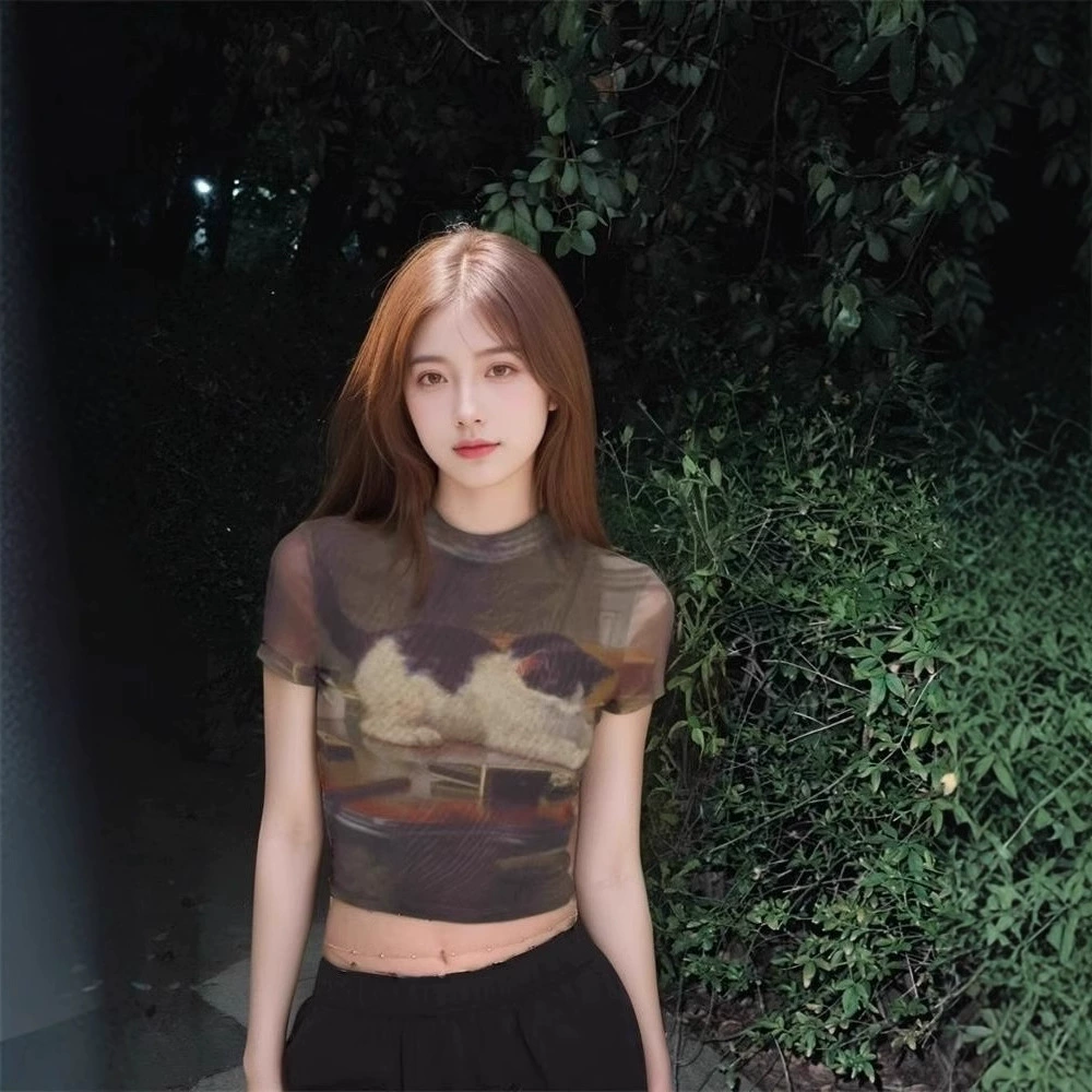 Ретро-летняя прилегающая сексуальная короткая шелковая футболка с коротким рукавом, американский стиль